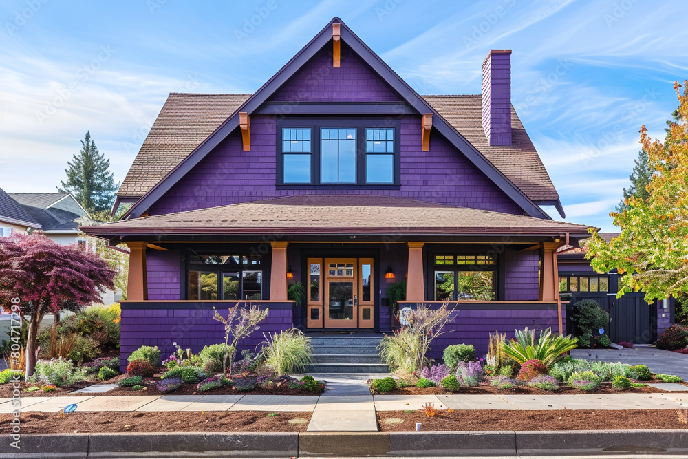 A front view of a striking plum purple craftsman cottage style home, with a triple pitched roof, 