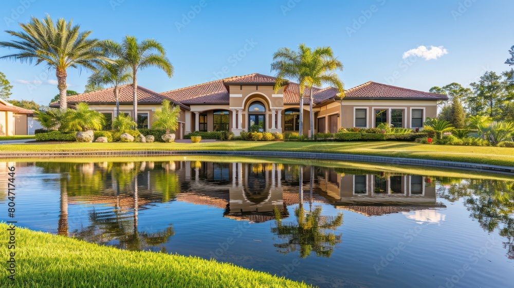 A sprawling luxury villa with terracotta roofs and lush landscaping, overlooking a serene reflective pond A sprawling luxury villa with terracotta roofs and lush landscaping, overlooking a serene reflective pond