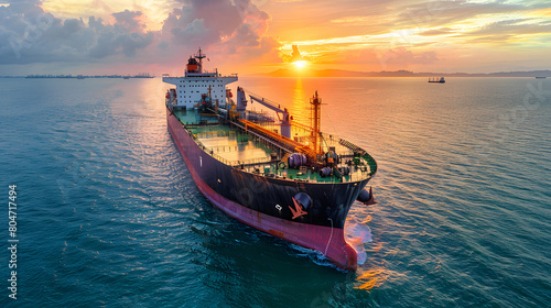 Aerial front view of a heavy crude oil tanker travelling over calm sea 