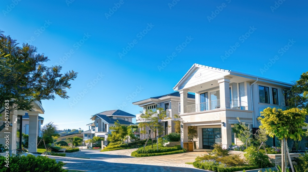 Contemporary houses line a sunny street in a suburban neighborhood with clear blue skies above Contemporary houses line a sunny street in a suburban neighborhood with clear blue skies above