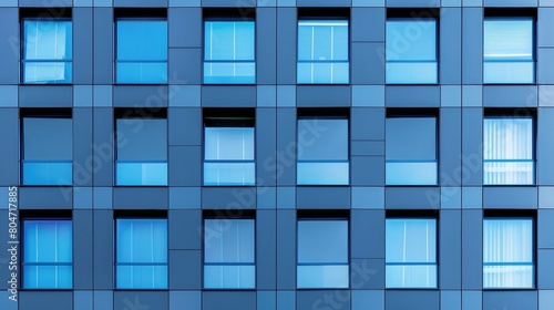 Modern building window facade, pattern, front view, sky reflection, photorealistic, blue color palette,