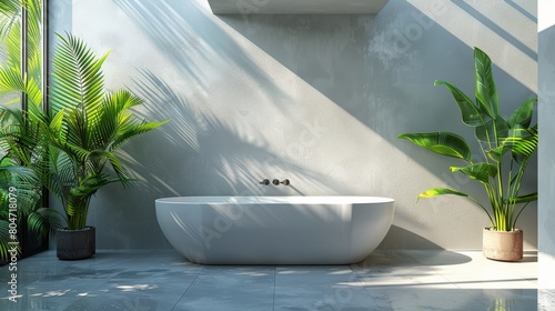 Bathroom With Large White Bathtub and Plant