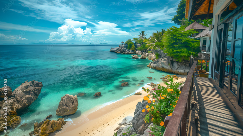 Fototapeta premium Tropical Beach Resort with Crystal Clear Water and Sandy Shore