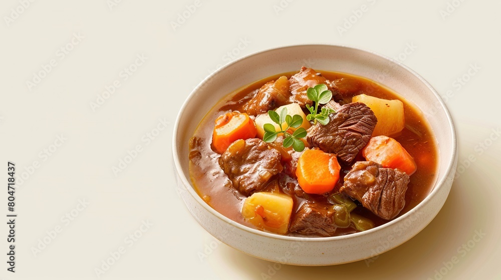   A bowl of beef stew with carrots, potatoes, and parsley on a white plate