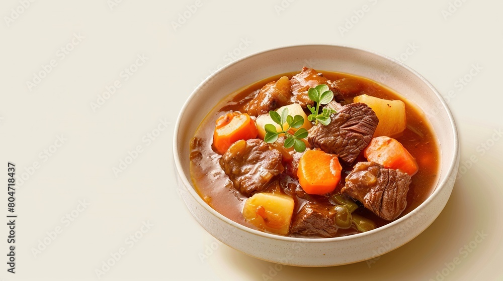A bowl of beef stew with carrots, potatoes, and parsley on a white plate A bowl of beef stew with carrots, potatoes, and parsley on a white plate