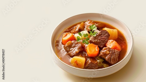  A bowl of beef stew with carrots, potatoes, and parsley on a white plate