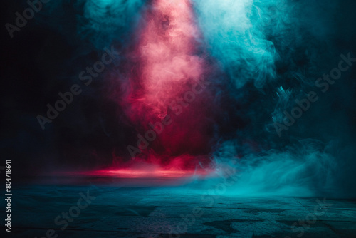 A stage with thick burgundy smoke under a light cyan spotlight, contrasting dramatically against a dark background.