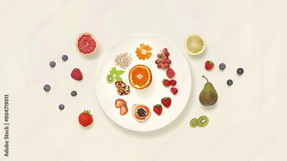White plate topped with freshly cut and arranged fruit including a halved grapefruit and a kiwi White plate topped with freshly cut and arranged fruit including a halved grapefruit and a kiwi