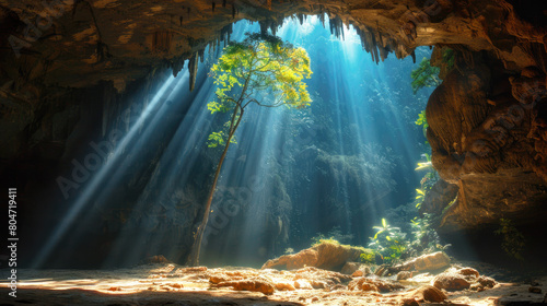 Dark green cave with bright light from exit in jungle, inside wild mountain cavern. Concept of nature, sunlight, landscape, entrance, opening photo