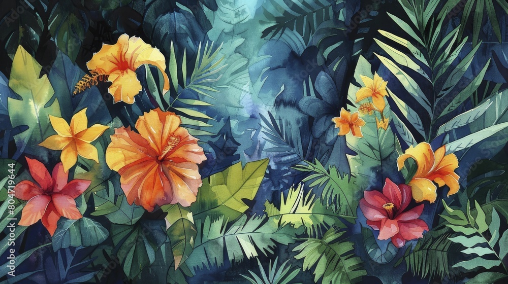 Vibrant watercolor strokes capture the essence of the rainforest with deep greens and bright hues, evoking a lush, tropical paradise. Vibrant watercolor strokes capture the essence of the rainforest with deep greens and bright hues, evoking a lush, tropical paradise.