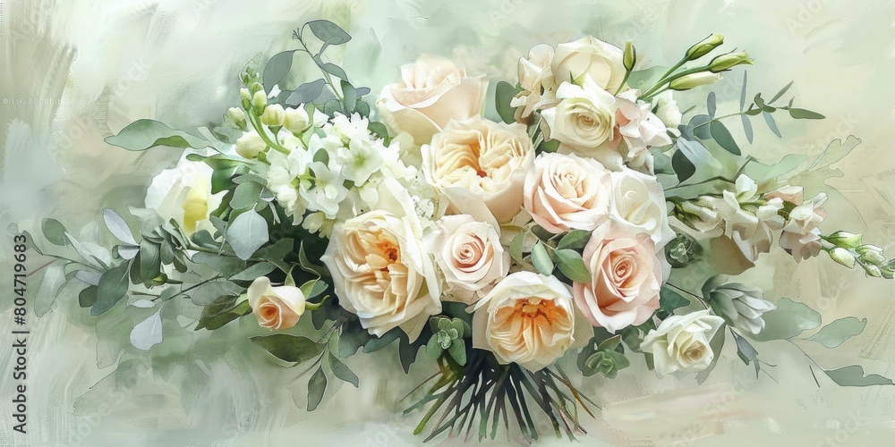 Romantic Bridal Bouquet in Watercolor, soft whites and pastels with a gentle, dreamy feel.