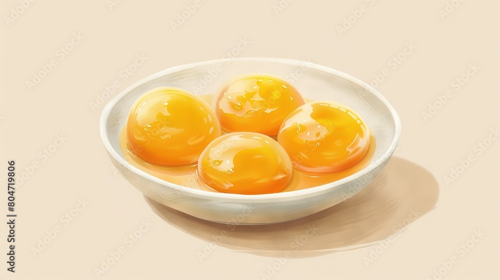   A white bowl holds golden eggs on a light tablecloth with a shadowed bowl on the floor