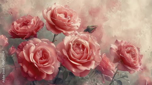Soft pink roses painted in a dreamy watercolor style  their edges blurred in a romantic and fluid portrayal.