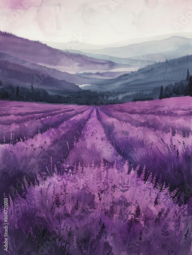 Soft hues of lavender dance gracefully under a serene, painterly sky in the watercolor field, casting a tranquil spell.