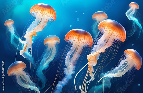 beautiful underwater background of floating jellyfish © iredman