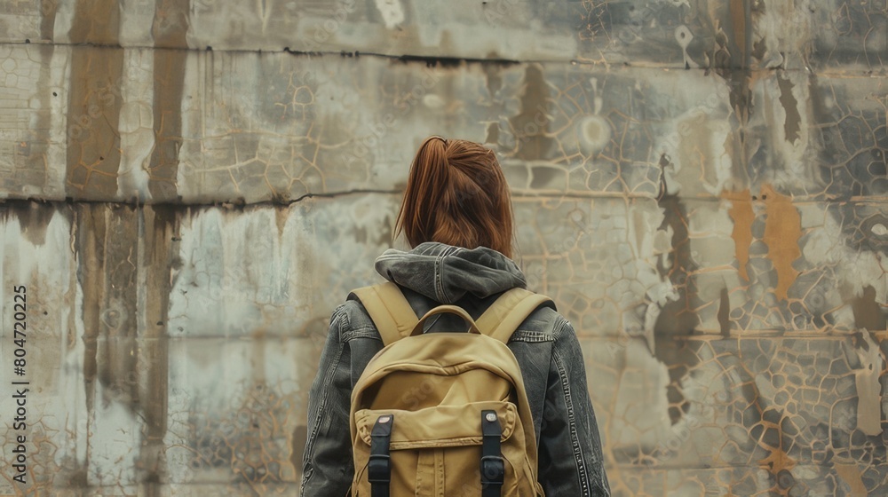 Contemplative Moment Faceless Young Woman with Backpack Stands Against Wall, Gazing into the Unknown
