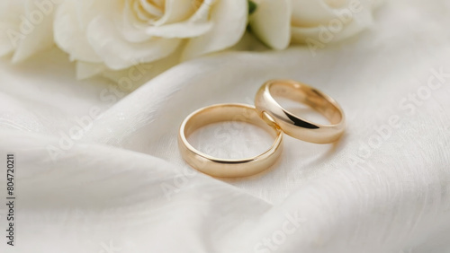 Two gold classic minimalist wedding rings white isolate background. Mockup cut background design. Wedding traditions. Timeless traditional symbols. Love. Marriage. Ideal wedding and jewelry concepts