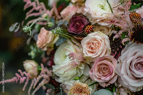 wedding bridal bouquet closeup of neutral beige earthy tones flowers trendy color palette with pastel pink and burgundy accents  with anemones and roses
