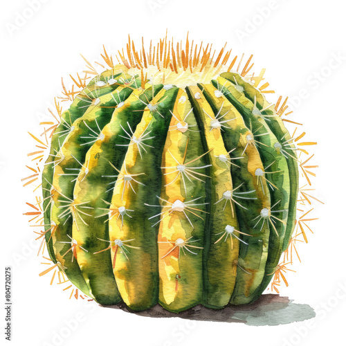 Golden barrel cactus (Echinocactus grusonii) ,illustration watercolor isolate