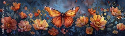 Capturing the delicate flutter of a butterfly among vivid blossoms in a dreamy watercolor style. photo