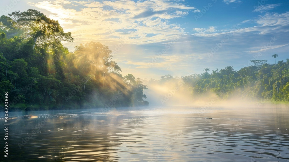 Beautiful sunrise in an Amazon river with fog and a blue sky with clouds in high resolution and high quality. amazon concept Beautiful sunrise in an Amazon river with fog and a blue sky with clouds in high resolution and high quality. amazon concept