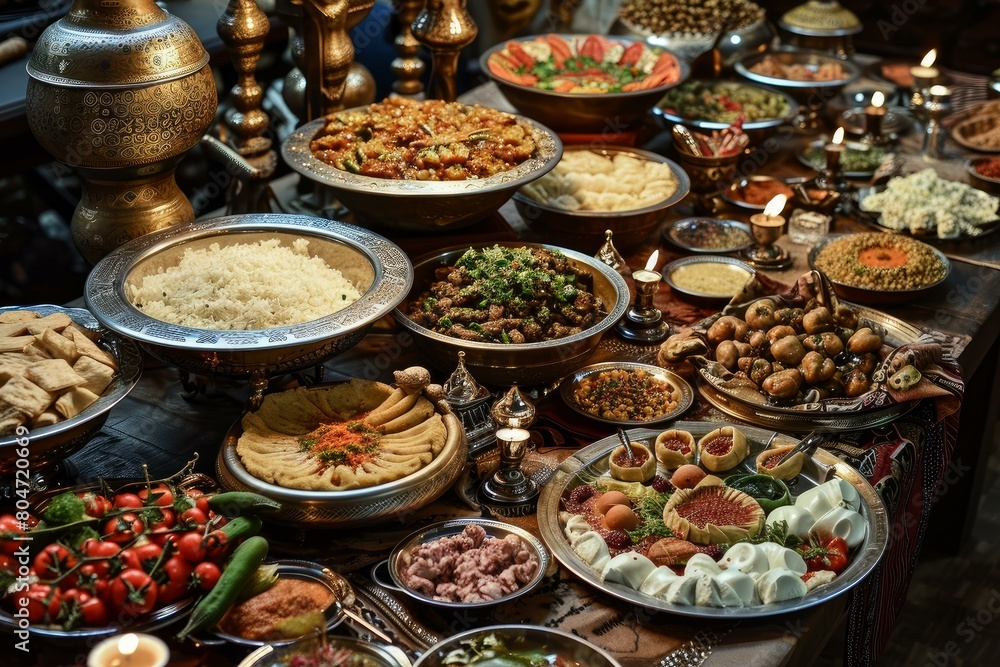 Colorful Arabian dish table. Dinner arab. Generate Ai