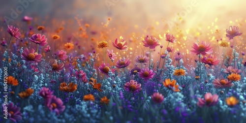 Watercolor Wildflower Meadow at Sunset, soft golden lighting with a gentle, flowing artistic style. © Kanisorn