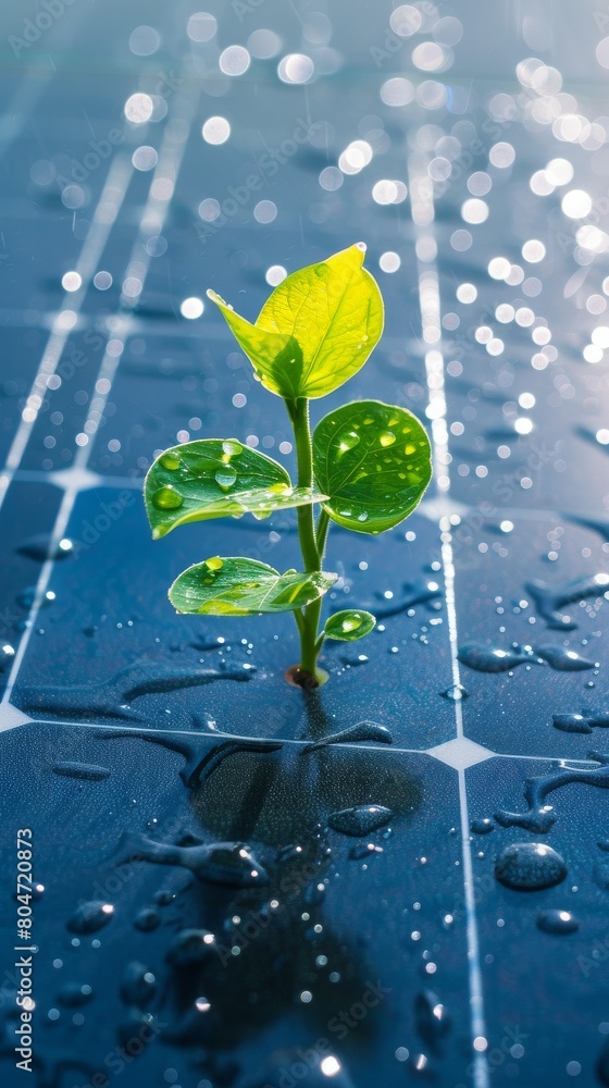 Small Green Plant Sprouting From Blue Tiled Floor Small Green Plant Sprouting From Blue Tiled Floor