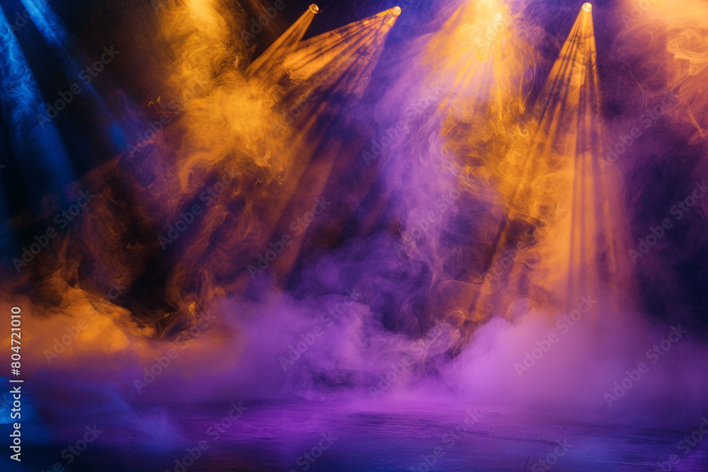 Bright mustard yellow smoke drifting across a stage under a purple-blue spotlight, creating a dynamic visual display.