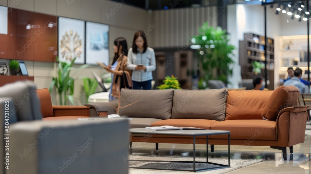 Customers and a sales representative discussing furniture options in a contemporary styled showroom setting Customers and a sales representative discussing furniture options in a contemporary styled showroom setting
