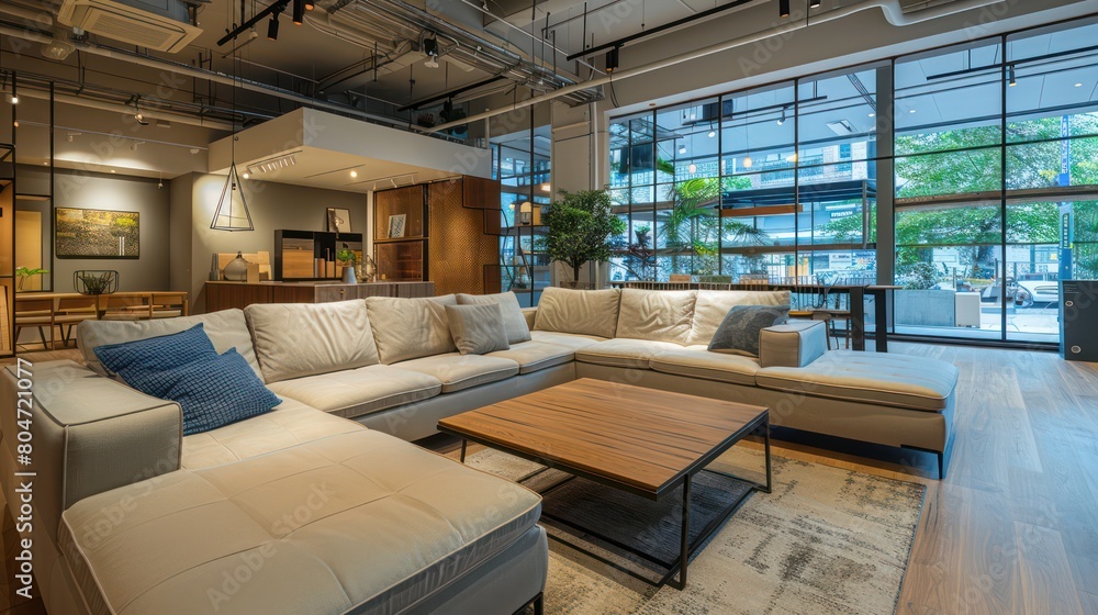 This image showcases a pristine furniture showroom with modern sofas, tables, and home accessories This image showcases a pristine furniture showroom with modern sofas, tables, and home accessories