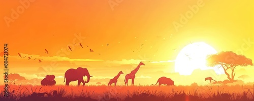 African savannah landscape during sunset featuring giraffes and flying birds  symbolizing peace and the beauty of nature. illustrative style  banner