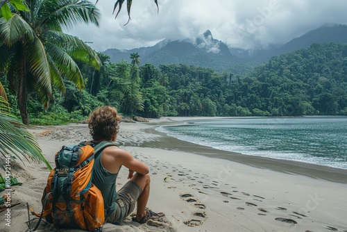 A backpacker seated on a tropical beach gazes at the lush landscape, reflecting a sense of adventure and solitude