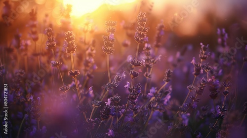 A captivating image of a sunset casting a warm glow on lavender flowers, evoking warmth and tranquility