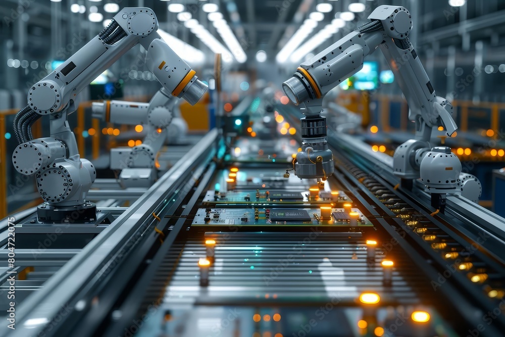 Manufacturing Automation Advanced High Precision Robot Arms on Automated PCB Assembly Line Inside Modern Electronics Factory Electronic Devices Production Industry Component Instal Manufacturing Automation Advanced High Precision Robot Arms on Automated PCB Assembly Line Inside Modern Electronics Factory Electronic Devices Production Industry Component Instal