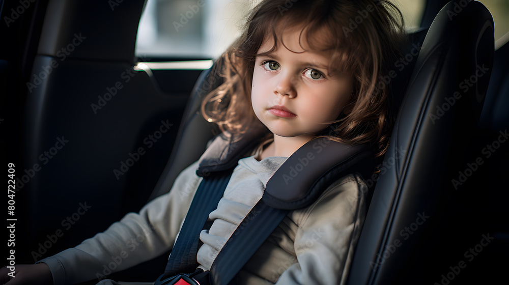 the child's car seat with seat belt fastened and smiling, car interior in the background the child's car seat with seat belt fastened and smiling, car interior in the background