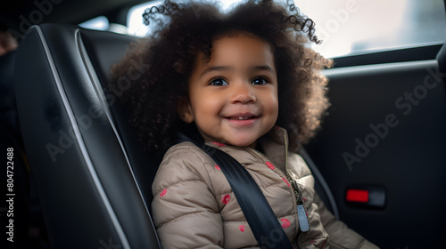 the child's car seat with seat belt fastened and smiling, car interior in the background