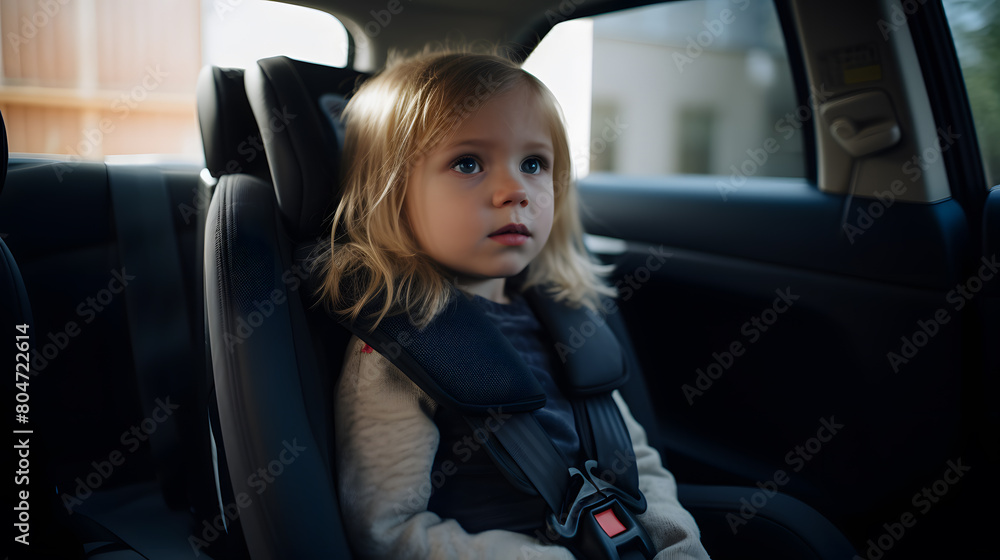 the child's car seat with seat belt fastened and smiling, car interior in the background the child's car seat with seat belt fastened and smiling, car interior in the background