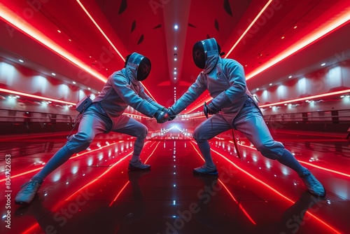 The image captures an intense fencing match set against a striking red illuminated backdrop, highlighting the energy of the sport photo