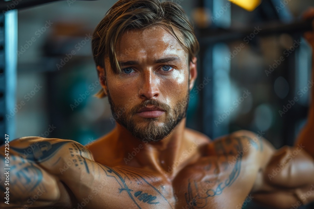 An intense, tattooed man shows off his muscular form and focus during a demanding workout session An intense, tattooed man shows off his muscular form and focus during a demanding workout session
