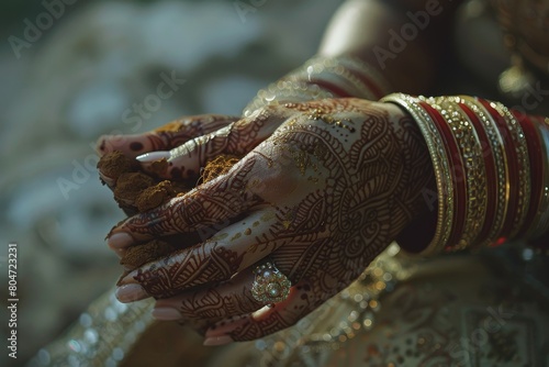 Henna being applied to hand of an Indian bride