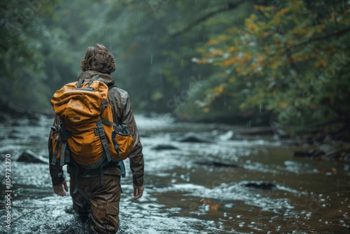 Backpacker in waterproof clothing traversing a creek amidst a rainy, misty forest, conveys a feel of solo adventure and exploration photo