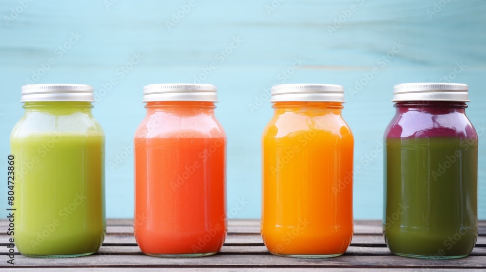 Row of Jars Filled With Different Colored Drinks Row of Jars Filled With Different Colored Drinks