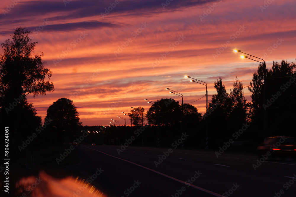 beautiful summer sunset on the road