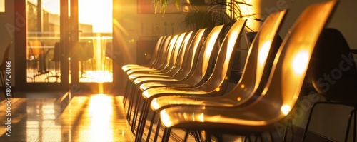 The sunset casts a warm glow inside a room filled with empty chairs lined up for a meeting photo