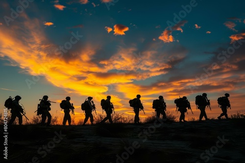 Serene Army during sunset. Ranger soldier training. Generate Ai
