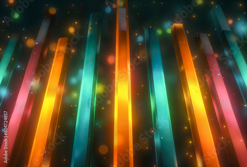 Colored vertical lines in gold blue, and red, with stardust particles, vibrant stage backdrops.