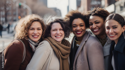 Portrait of cheerful mixed age range multi-ethnic women celebrating International Women's Day 
