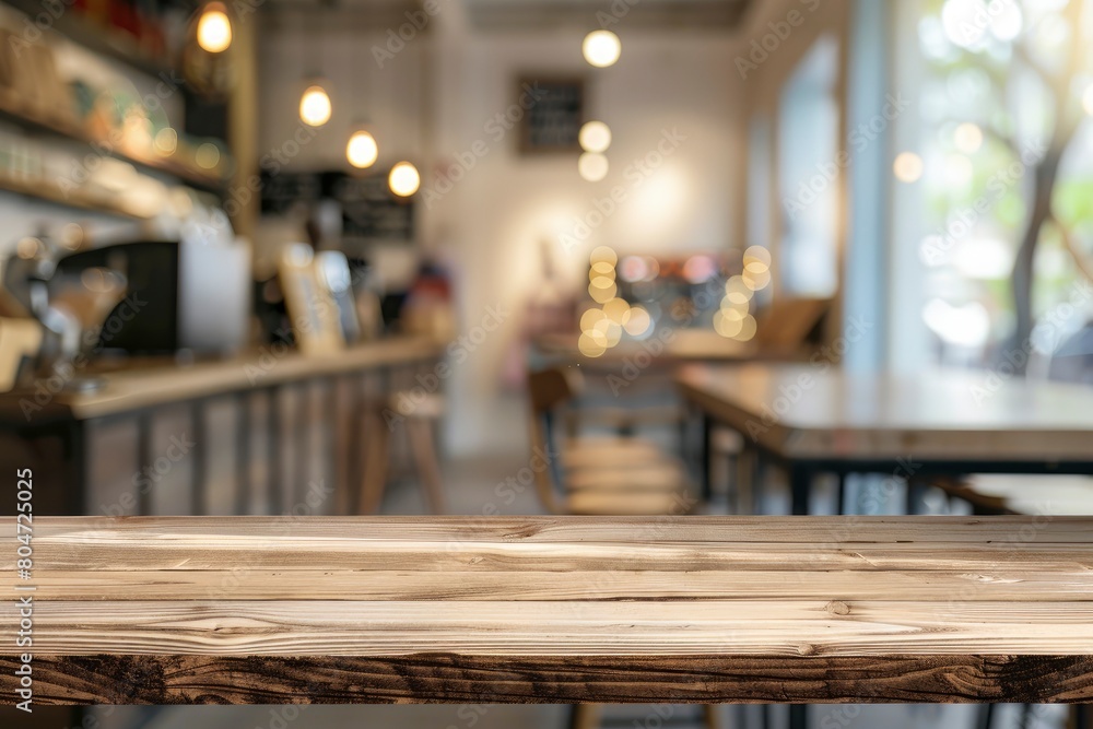 Wood table background, Shelf at cafe shop, Perspective wood over blur cafe with bokeh light background, Table for product display, Empty wooden counter in blur white room for mockup - generative ai Wood table background, Shelf at cafe shop, Perspective wood over blur cafe with bokeh light background, Table for product display, Empty wooden counter in blur white room for mockup - generative ai