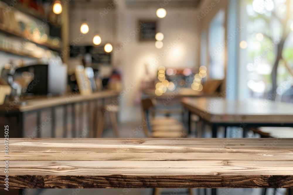 Wood table background, Shelf at cafe shop, Perspective wood over blur cafe with bokeh light background, Table for product display, Empty wooden counter in blur white room for mockup - generative ai